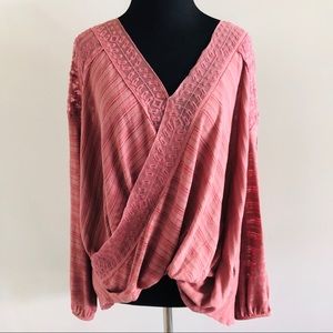 Free People Wrap Front Lace Sleeve Blouse